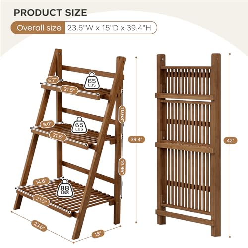 Image of 39.4 inch Bamboo Ladder Shelf Plant Shelf, 3 Tier Foldable Ladder Flower Pot Display Shelf Rack, 23.6 inchW x 15 inchD x 39.4 inchH, Freestanding Bookshelf for Garden, Balcony, Yard, Patio, Lawn, Living Room, Walnut