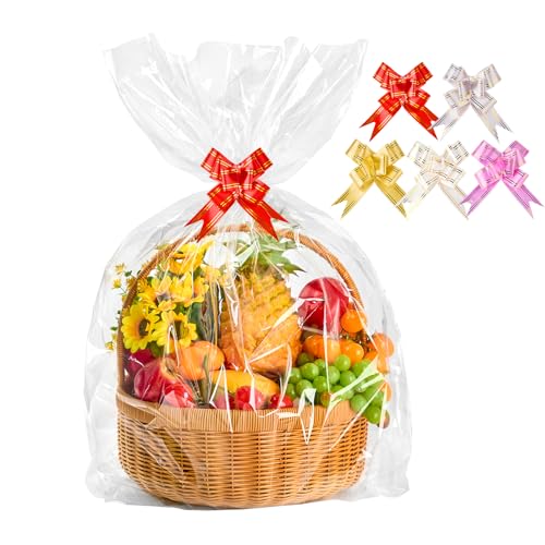 Vortify 5 Stück Valentinstag Extra Groß Geschenkfolie Transparent Cellophantüten, 75 x 100 cm Durchsichtige Zellophantüten mit 5 Zugschleifen Klar Tüten Verpackung für Geschenkkörbe Bastel Blumenopfer