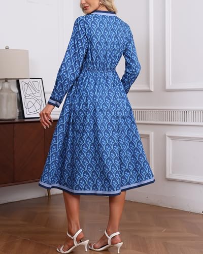 Women's Fall Floral Midi Dress Casual Long Sleeve V Neck A Line Elastic Waist Flowy Boho Dresses4