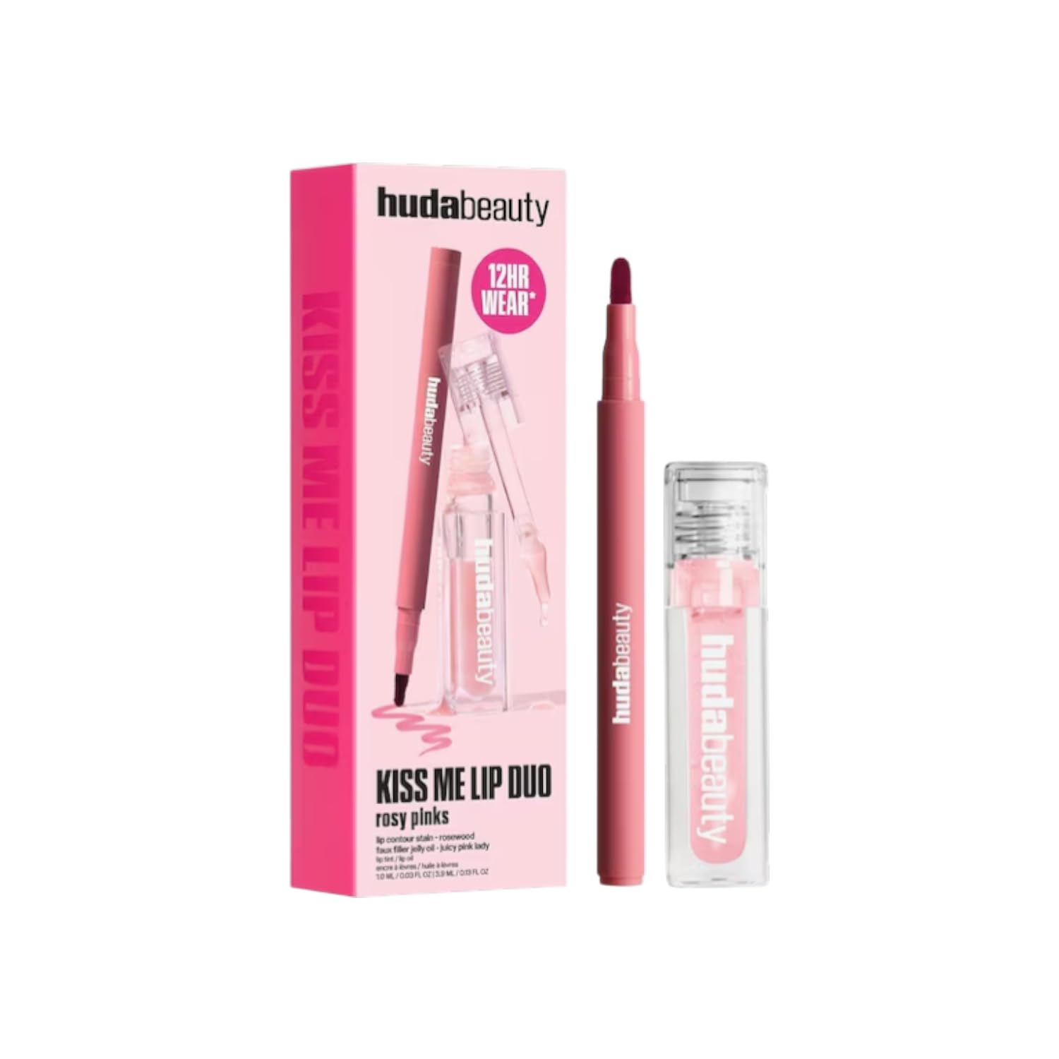 Huda Beauty Kiss Me Lip Duo Rosy Pinks Set, Limitiertes Lippen-Duo mit Lipliner und Lippenöl, Rosa Töne, 12 Stunden Halt, Originalgröße