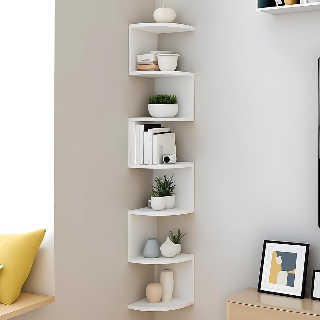 Modern Wall Mounted Corner Shelf for Living Room Bedroom | 7 Tier Wooden Floating Corner Wall Shelf for Books Plants Showpieces Home Decor (White)-image-27