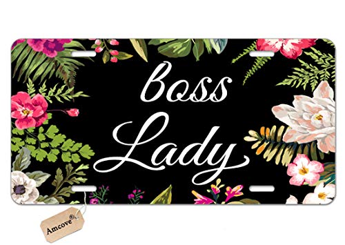 Amcove Boss Lady License Plate - Floral Boss Lady Decorative Car Front License Plate,Vanity Tag,Metal Car Plate,Aluminum Novelty License Plate for Men/Women/Boy/Girls Car,6 X 12 Inch