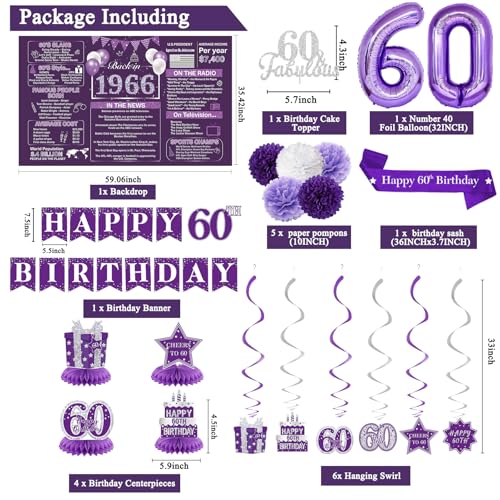 Image of Crenics Purple 60th Birthday Decorations for Women - Back in 1966 Backdrop, Banner, Swirls, Centerpieces, Sash, Paper Pom Poms, Cake Topper and Balloons for 60 Birthday Party Supplies
