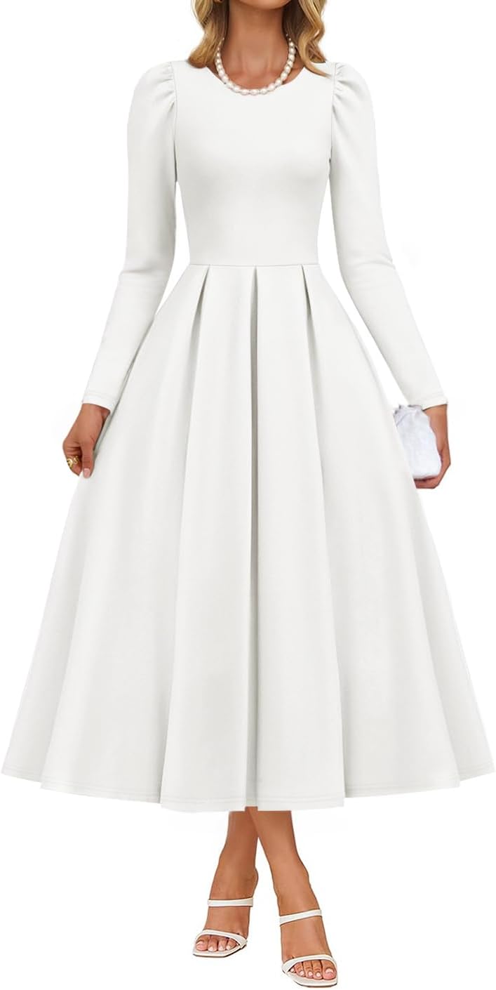 ZESICA Women's Long Sleeve Midi Dresses 2026 Spring Elegant Crewneck Swing A Line Wedding Guest Party Dress with Pockets
