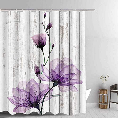 GURETER Purple Tulip Shower Curtain, Chic Flower White Wooden Shower Curtains, Farmhouse Spring Floral Shower Curtain Set, 12 Hooks, Waterproof Washable Upgraded Polyester, 71"x72", YLXTGU102