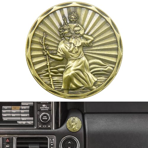 Anwlki Placche per auto di San Cristoforo Ø 3,4 cm, medaglia di San Cristoforo proteggiamoci con magnete e 3 adesivi su entrambi i lati, 1 pezzo di ferro (colore ottone)