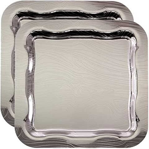 Maro Megastore (Pack of 2) 13.4 inch x 13.4 inch Square Chrome Plated Silver Serving Tray Edge Line Pattern Engraved Decorative Holiday Wedding Birthday Dessert Wine Candle Platter Plate Party CC-1658 Cover