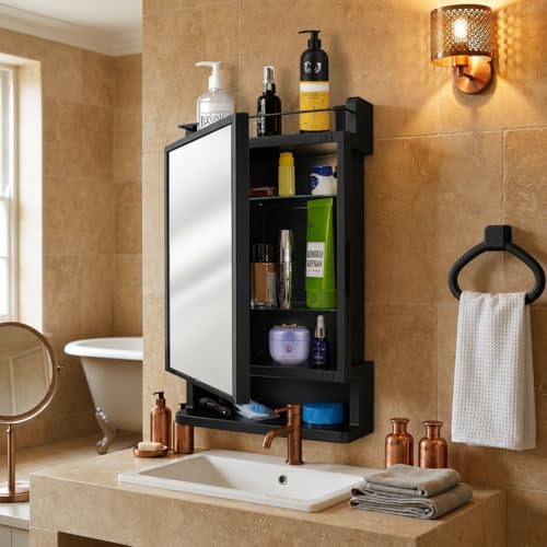 Image of CIPLA PLAST Rich Look Plastic Wall-Mounted Bathroom Mirror Cabinet with Storage Shelves, Single Door, Bathroom Mirror Cabinet with Towel Holder | (Black)