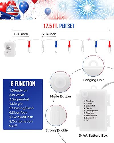 Image of Brightown Red White Blue Battery Operated Mini String Lights with 8 Modes- 2 Pack 18 Feet 50 LED Independence Day Decoration Waterproof, Timer for Patriotic Xmas Holiday Party Outdoor Indoor