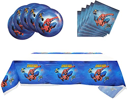 Lot de 82 accessoires de table pour fête d'anniversaire Motif super-héros Assiettes, gobelets, pailles, cuillères, fourchettes, couteaux, bannière, nappe, Spiderman (B)