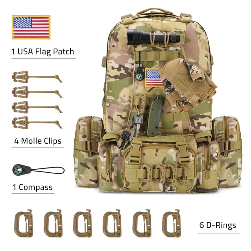 CVLIFE 60L Tactical Backpack for Men Women Military Large Army Rucksack With D-Ring Molle Clips Compass Accessories 3 Day Bug Out Survival Molle Bag Hiking Camping Gym Daypack Backpacks,CP - Image 3