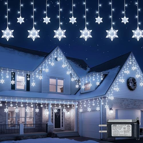 BEEWIN Christmas Snowflake Icicle Lights 8.2 FT 144 LED Snowflake Lights Outdoor with Timer 8 Modes Waterproof Connectable Christmas Light Plug in for Curtain Eave Window Indoor Outdoor Decor(White)
