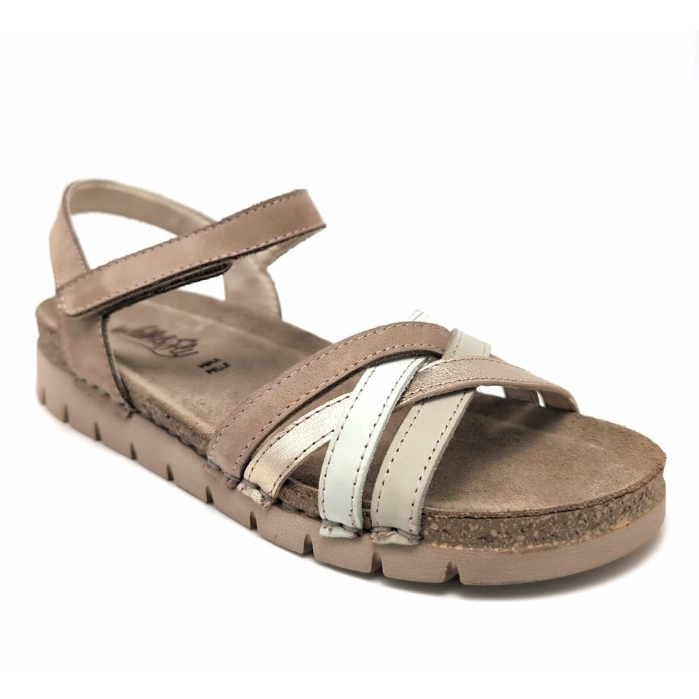 WALK & FLY 8580-50950 PIEL BEIG - Sandalia de piel beige con plantilla acolchada, cierre de gancho y bucle ajustable y suela poliuretano ligera antideslizante. Cuña 2 cm.