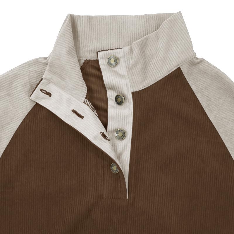 ZOCANIA Men's Corduroy Sweatshirts Pullover Casual Long Sleeve Stand Collar Button Henley Waffle Shirts with Elbow Patches3