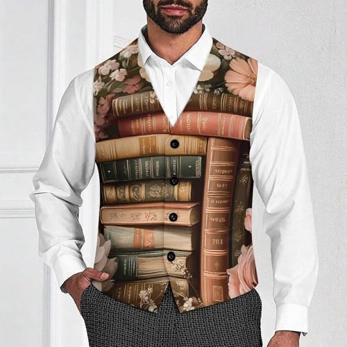 Book Flower Men's Suit Vests Dress Vest V-Neck Waistcoat Slim Business Formal with Pocket2
