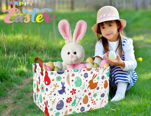 Image of Rectangle Empty Easter Baskets Boy Large Toy Storage Bin Girls collapsible Hamper Waterproof Canvas Box Kid Gifts Spring Decor( boho Red Rabbit )
