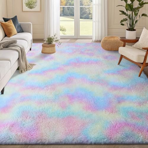 smiry Rugs Living Room 120x160cm Area Rugs for Bedroom Machine Washable Anti Slip Soft Fluffy Shaggy Tie-dye Floor Carpet for Kids Girls and Boys Nursery Room Rainbow