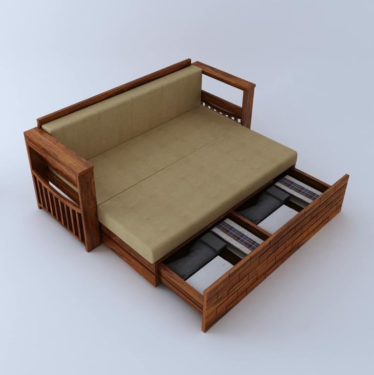 Image of Solid Sheesham Wood Sofa Cum Bed 3 Seater | Wooden Foldable Double Bed for Living Room with Headboard & Storage | Bed Cum Sofa with Mattress for Bedroom Furniture (Honey Finish)