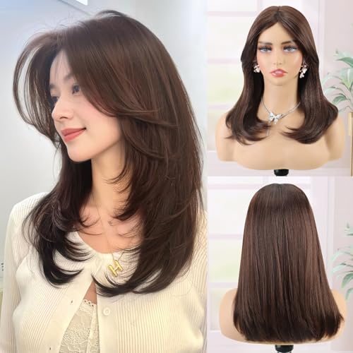 Image of Creamily Synthetic Short Bob Wigs for Women Full Head,Brown Hair Wig for Woman Natural Looking Women Wigs for Diwali /Daily /Party (Chestnut Brown,16 Inch)
