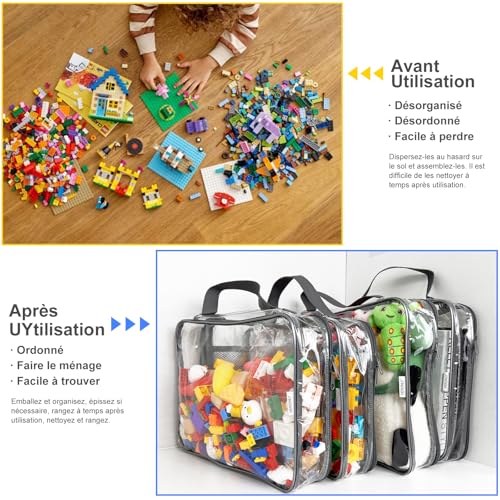 4er-Set XL Spielzeug-Aufbewahrungstaschen aus PVC | Wasserdicht mit Reißverschluss & Netzfächern | Für Bausteine, Badespielzeug, Puzzle (34x7.6x26.5 cm)