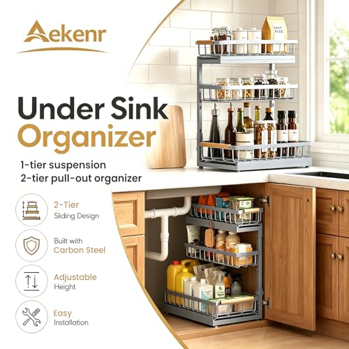 Image of Under Sink Organizer for Kitchen and Bathroom Cabinet Pull Out storage