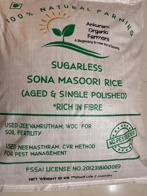 Ankuram Organic Farmers - Sugarless Sona Masoori Rice aged and single polished 20 KG (15 Kg) (B0CB1L2P98) Amazon Price History, Amazon Price Tracker