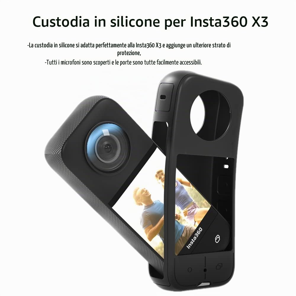 Kit di Accessori 7in1 Compatibile con Insta360 X3 [Custodia in Silicone per Fotocamera e Copriobiettivo] [2 Pellicole Protettive] [Custodia per il Trasporto Esterna con Moschettone]