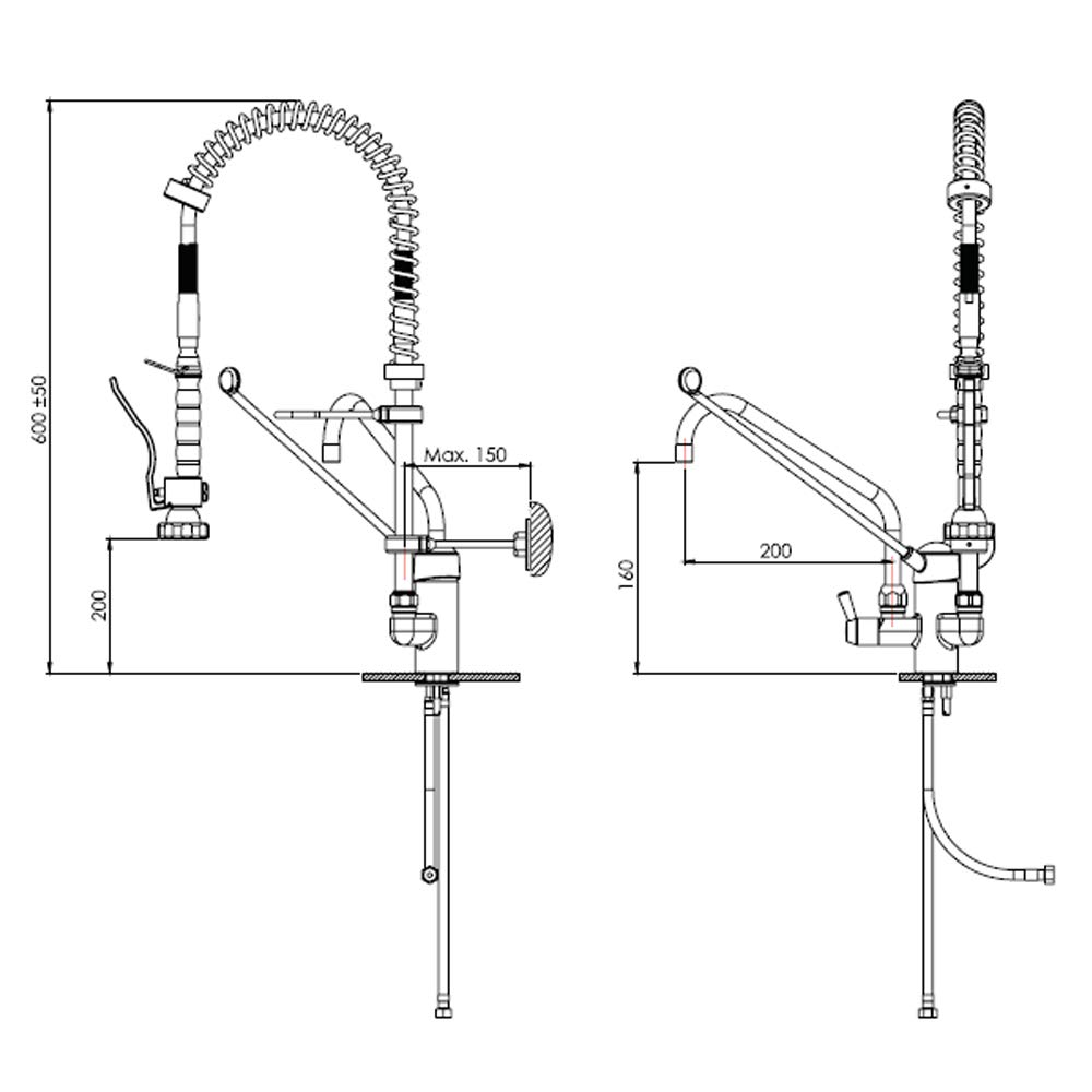 GOLDMAN SERVICE Industrial Miscelatore monocomando con leva a gomito lungo + Irrigatore spray + Beccuccio alto. Uso Ristorazione, Medico, Gerontologico