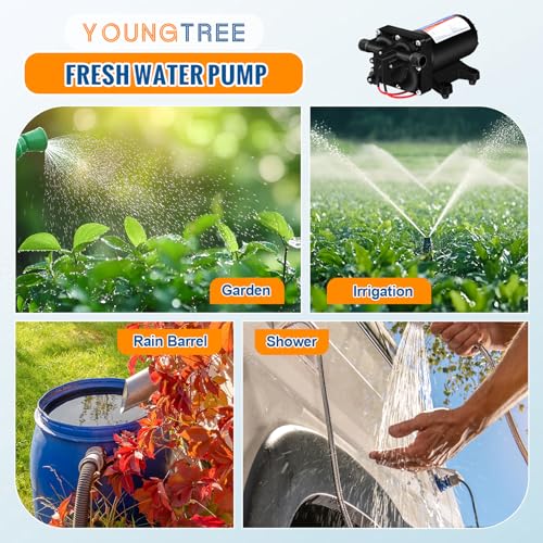 Image of YOUNGTREE 12V RV Fresh Water Pressure Pump, 5.5GPM 70PSI Diaphragm Pump, Self-Priming DC Water Pump with 3 /4 inch Garden Hose Adapters for Irrigation, Camper, Boat, Trailer, Marine, Off-Grid Cabin Use