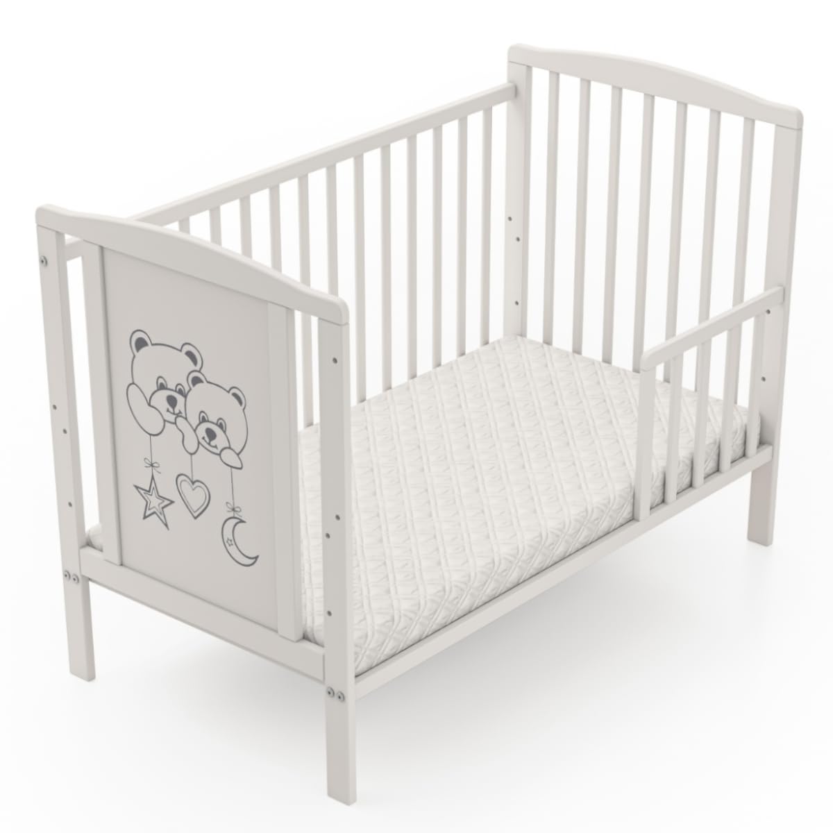 Generisch Babybett mit Matratze 60x120 cm – Gitterbett – Modell Zwei Bären – Weiß – Umbaubar zum Kinderbett – 3-Fach höhenverstellbar – herausnehmbare Sprossen