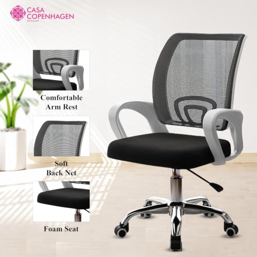 Image of Casa Copenhagen Mesh Mid Back Office /Study /Computer /Revolving /Desk Chair for Work from Home -Metal Base, Height Adjustable Seat - Black & White Handle