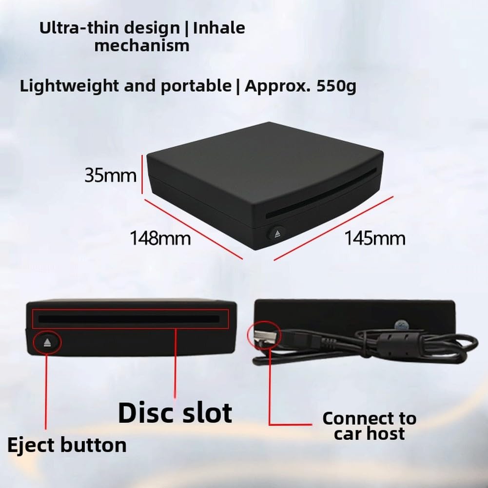 Zoegneer Lettore CD esterno portatile per auto con connessione USB per DVD Audio Lossless Riproduzione di musica Compatto ABS Design e Play Facile installazione Nero 14,8 x 14,5 x 3,5 cm