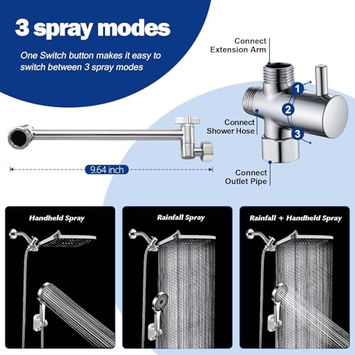 Image of Shower Head,14 inch High Pressure Shower Combo,Rainfall Shower System with Handheld Spray,All Metal 3-Way Diverter & 6ft Hose,Anti-Clog Nozzles,Easy to Install in Bathrooms-Chrome