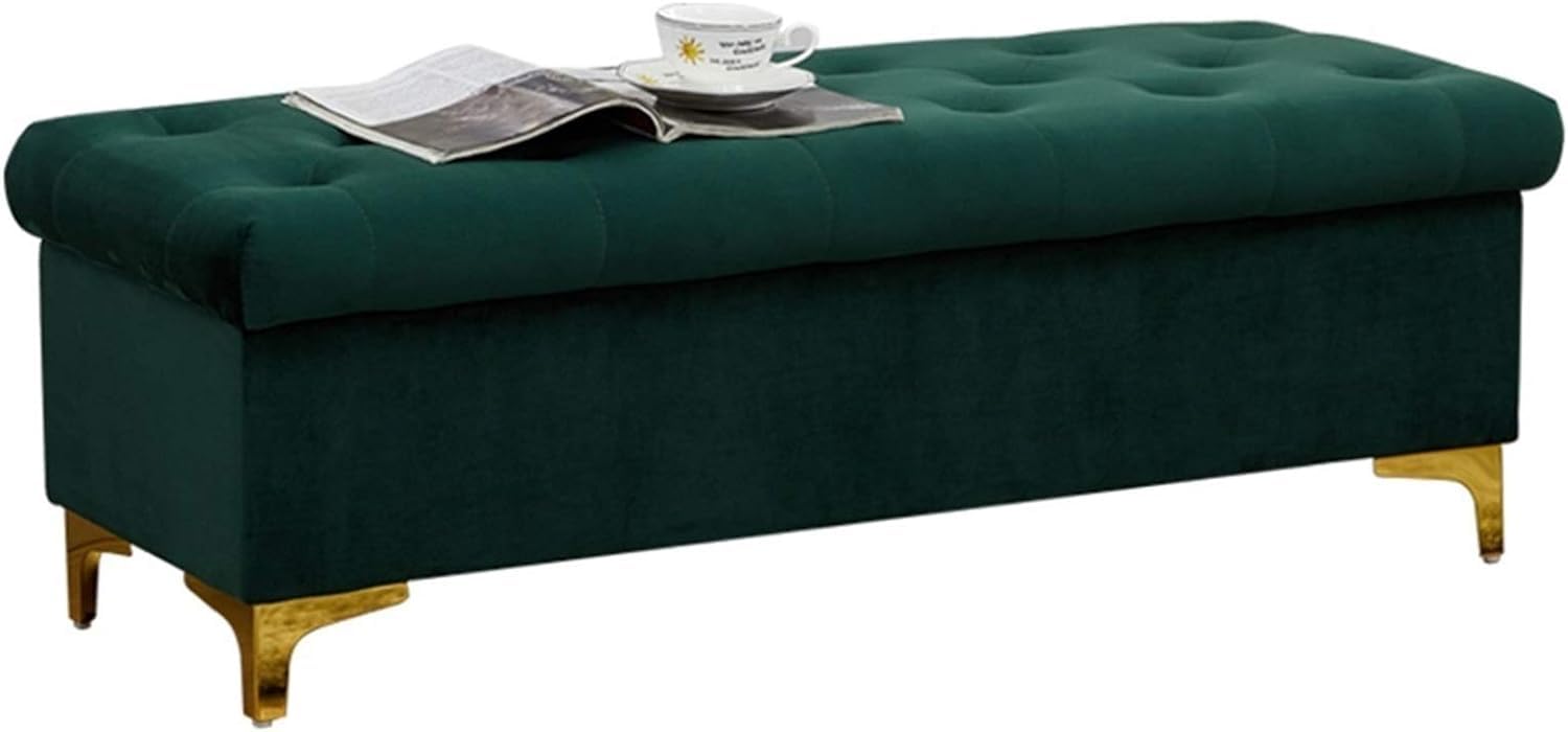 Pouf tabouret en flanelle verte avec assise rembourrée et structure en métal