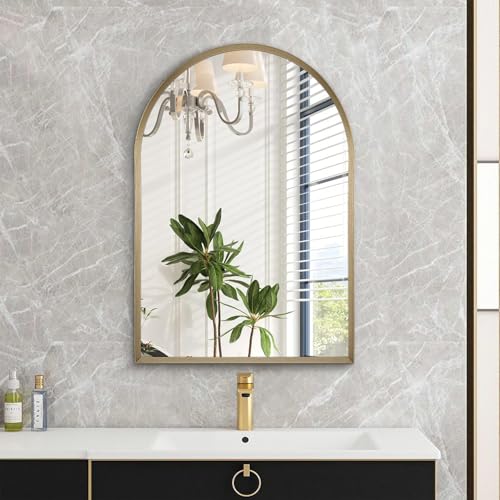 Image of Bathroom Arched Wall Mirror Brushed Metal Vanity Wall Mounted Mirror for LivingRoom Bedroom Entryway Room Vanity Home Decor 26 inchx18 inch
