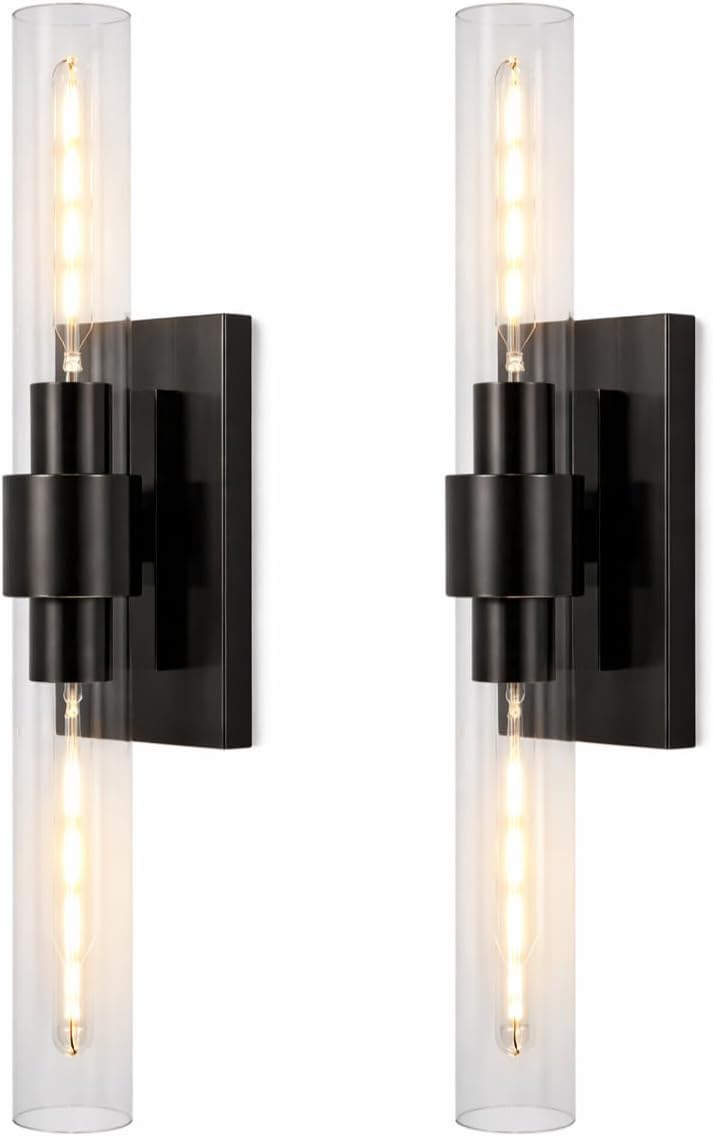23 Inch Modern Black Wall Sconces Set of 2 – Clear Glass Wall Sconce for Living Room - Brushed Black Vanity Light and Bathroom wall sconces (Bulb Included)