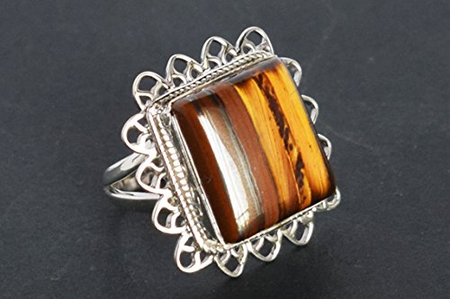 Bague œil de tigre argent 925 cabochon marron 17x15mm fait main pour femme - 2