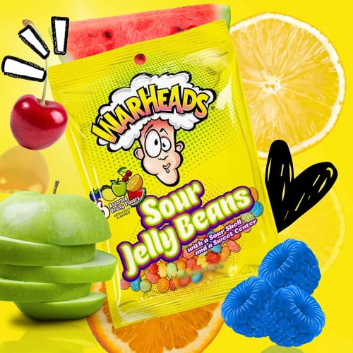 Warheads Sour Jelly Beans Candy, Fruit Flavored Extreme Gummies, Shareable Individually Bagged Candies, Pack Of 3 #TOP1