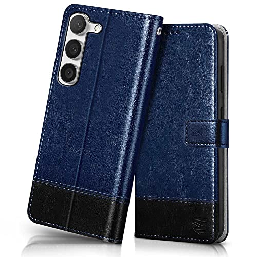 Image of FLIPPED Vegan Leather Flip Case Back Cover for Samsung Galaxy S23 5G (Flexible, Shock Proof | Hand Stitched Leather Finish | Card Pockets Wallet & Stand | Blue with Black)