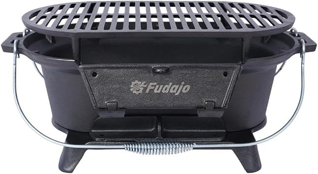 Oval Cast Iron Grill Outdoor, Portable Charcoal Grill and Tabletop Cast Iron Skillet - 100% Cast Iron, Enameled, Durable, Small Charcoal Grill, Camping Stove Black + Iron + Style 1