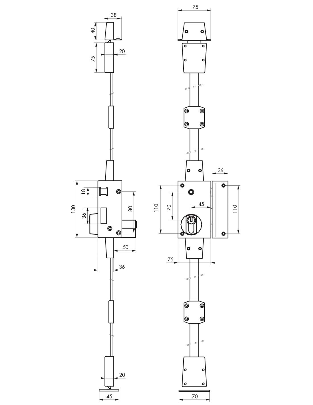 THIRARD - Boîtier de Serrure en Applique Targa à Fouillot pour Porte d'Entrée - Droite - 3 Points - Axe 45 mm - Or - Acier - Mécanisme Intérieur - Poignée Double - Gâche Haute Résistance