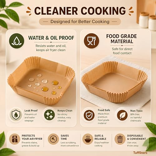 Image of Square Air Fryer Paper Liners 8 Inch, 100 Sheets, Silicone Coated, 100% Virgin Wood Pulp, Oil & Water Proof, Shape Retaining, Non-Stick Disposable Parchment Paper for 4.7-7.6L Air Fryers
