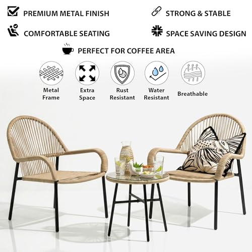 Image of BRISHI Garden Patio Seating Chair and Table Set Outdoor Balcony Garden Coffee Table Set Furniture with 1 Table and 2 Chairs Set with Cushion Braid & Rope (Beige)