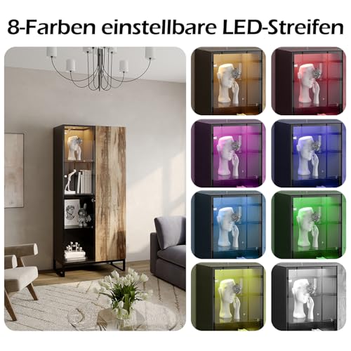 Vitrina alta con iluminación LED multicolor, armario de almacenamiento 80 × 41 × 175 cm, puertas push-to-open, estantes de vidrio templado y madera, diseño moderno negro y madera rústica, estructura - imagen 3