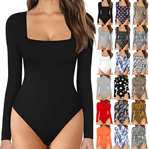 EMATOP Bodysuit Damen Body Langarm/Kurzarm Shirts Elegant Sexy Jumpsuit U-Ausschnitt Rollkragen Shapewear Elastisch Bodycon Overall Einfarbig Blumen Druck Oberteil Tops Weich Bequem Stringbody