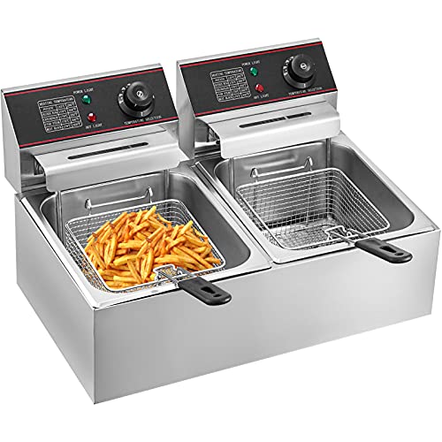 VEVOR Friteuse 12L Electrique Inox, Friteuse Commerciale en Acier Inoxydable, à Double Réservoir 5000W avec 2Paniers à Friture avec Poignée en Caoutchouc pour Frire des Aliments Cuisiner