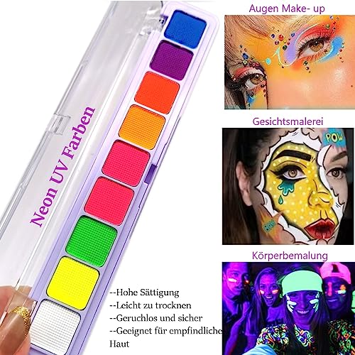 KARLOR UV Neon Face Paint, 9 Fluorescent Eyeshadow Palette, Neon Body Paint for Neon Make-Up Eyes Graphic Eyeliner Face Body Painting Set Highlight Makeup Glow in dark - Image 5