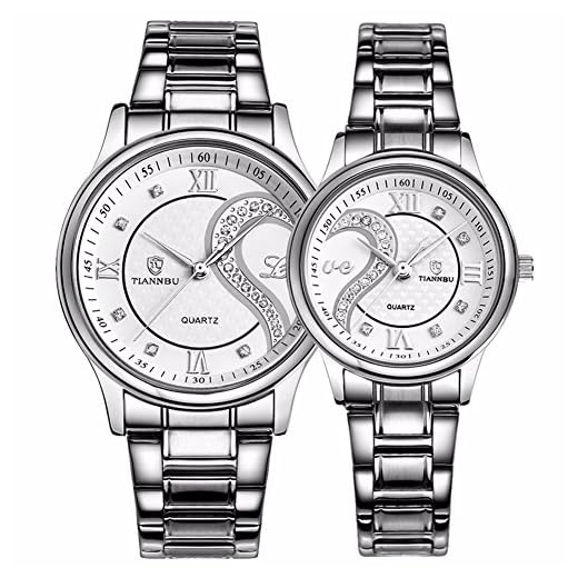 DREAMING Q&P Valentines Stainless Steel Romantic His and Hers Pair Hearts Wrist Watches for Man Woman Fq102 Silvery White Set of 2