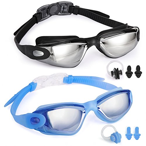 Veckle Swim Goggles, 2 Pack Swimming Goggles No Leaking Anti Fog UV Protection Lenses Wide View Swim Goggles for Men Women Adult Youth, Goggles with Nose Clip, Ear Plugs, Black Blue
