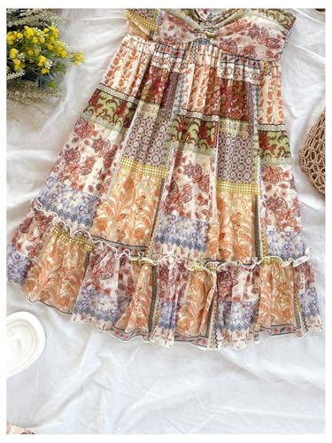 Women's Boho Graphic Ruffle Hem Halter Dress Ruched Tie Backless Summer Short Vacation Dresses4